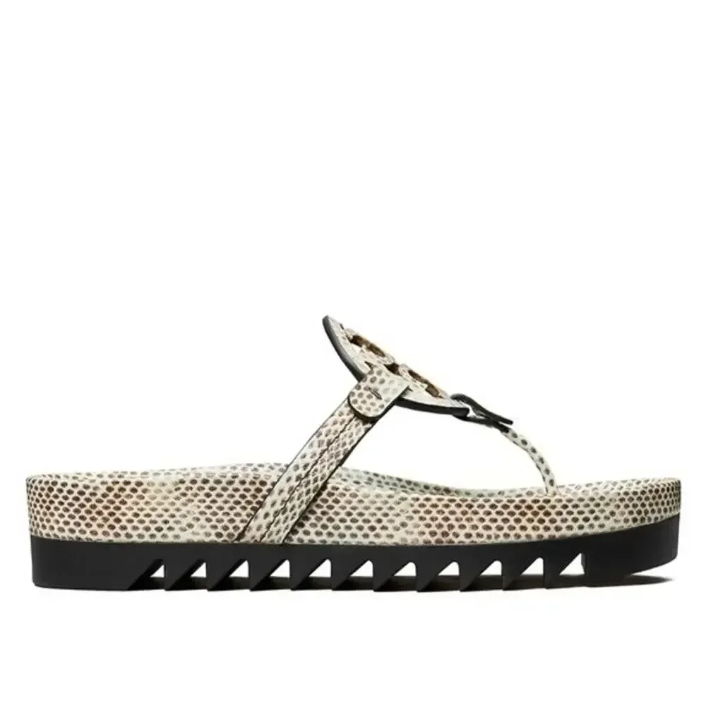 NEW Tory Burch Miller Cloud Lug Sandals Snake Print Leather Thong Slides US 9.5